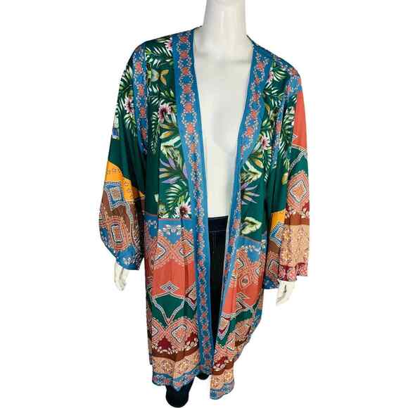 New UMGEE Size XL 1XL Front Kimono Cardigan Duster Boho Print Flower Midi NWT - Picture 2 of 9